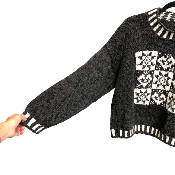 Wool Hand Knit Chunky Knit Crew Neck Long Sleeve Sweater Grey White XL - Picture 4 of 6